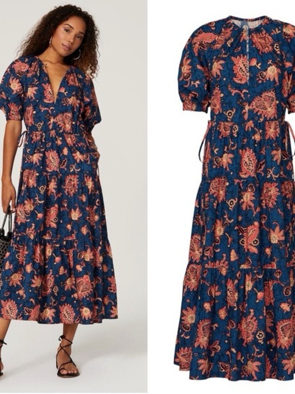 ALC Floral Paisley Navy & Coral Midi Dress